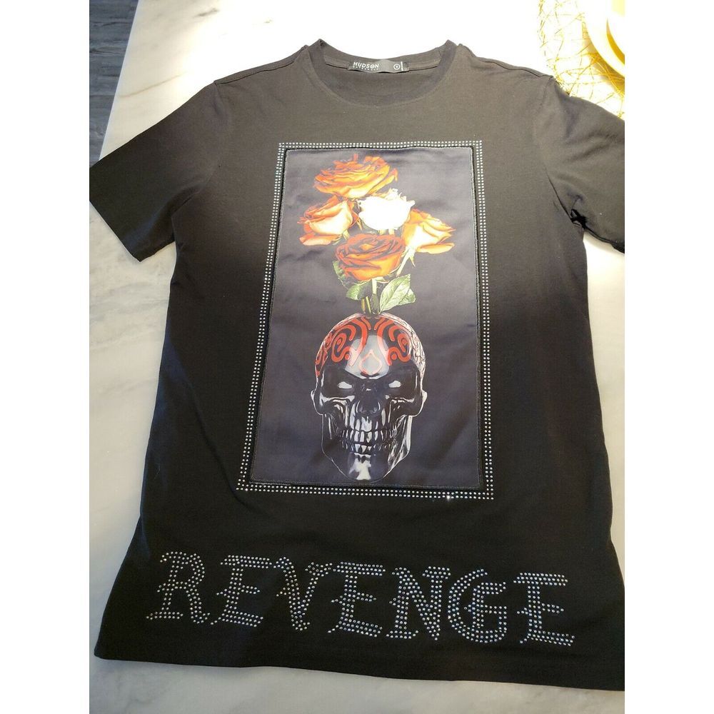 Hudson Outerwear Mens Revenge Skull‎ Rose Studded Graphic T-Shirt Black Small